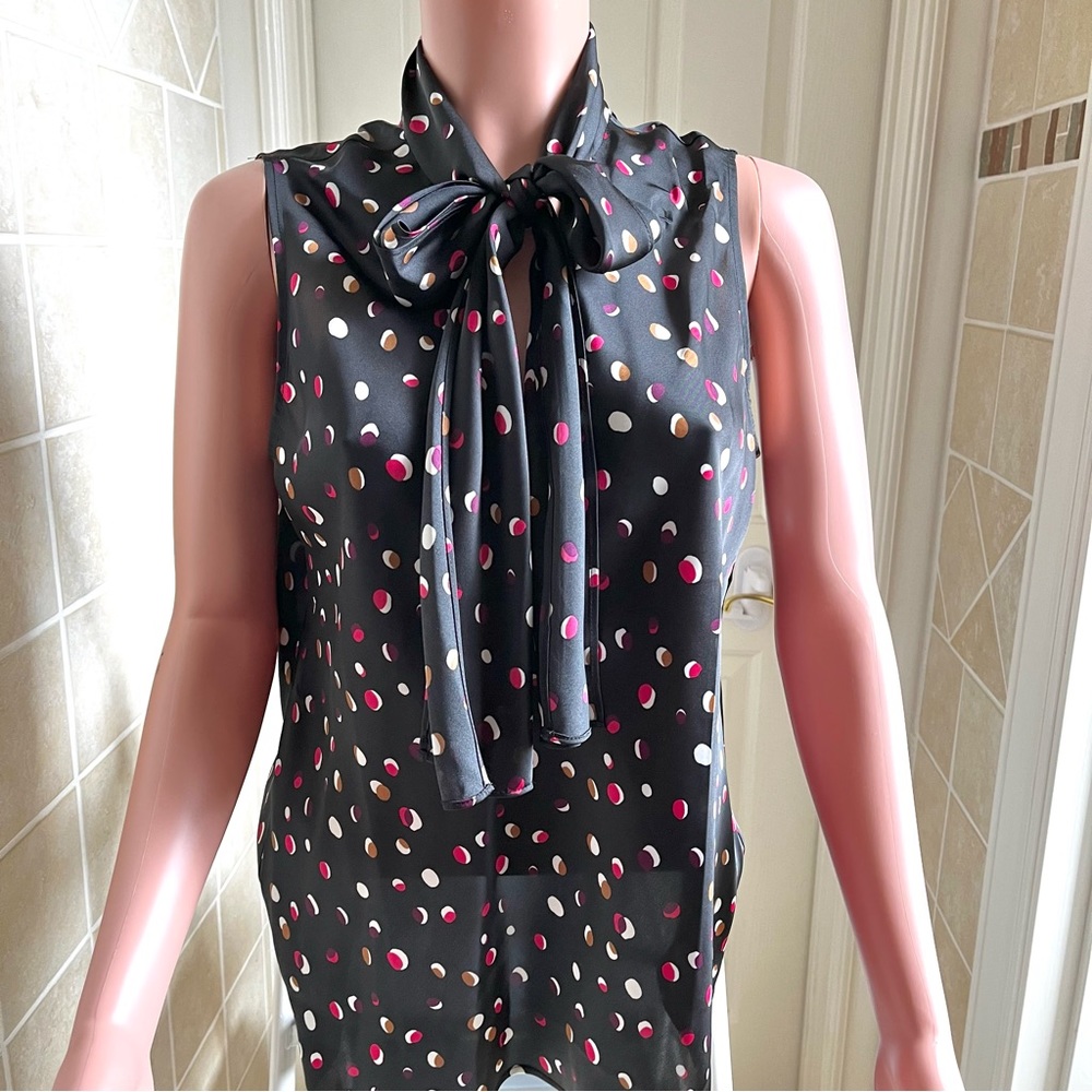 NWOT Tie-neck Polka dot NINE WEST Secretary Sleeveless Tank Top Silky Feel, Sz L